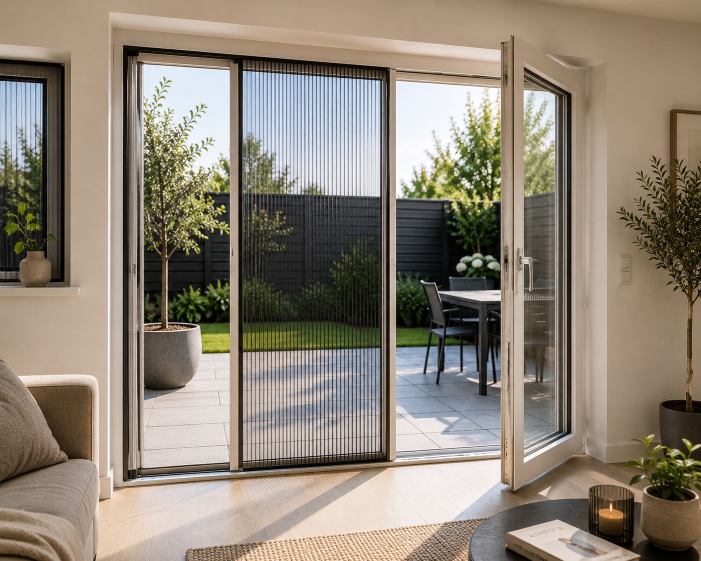 Woonkamer met openslaande schuifpui en zicht op de tuin